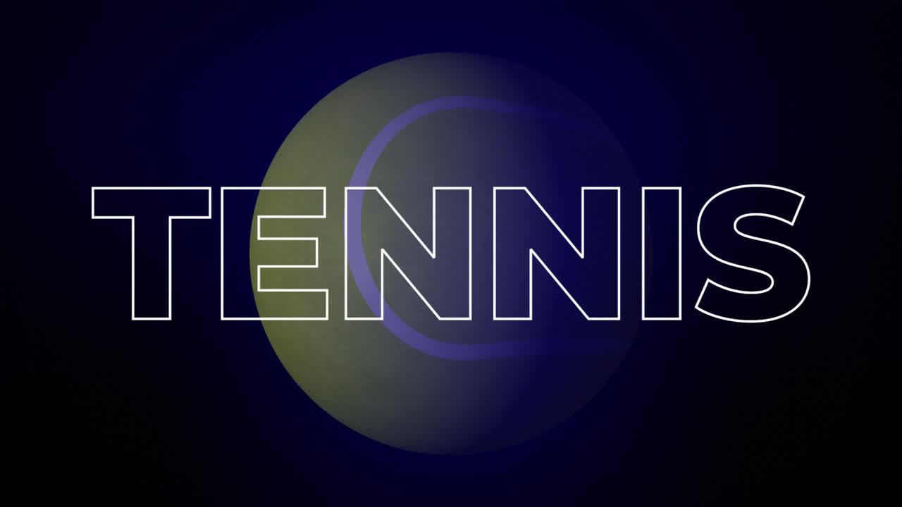 Tennis ball spinning sphere 3D animation outlined text letters typeface font sports game tournament titles on gradient background motion graphics dynamic abstract colour blue