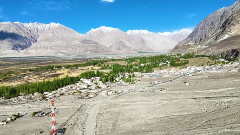 aerial drone shot displaying the winding shyok river flowing through the heart of nubra valley.