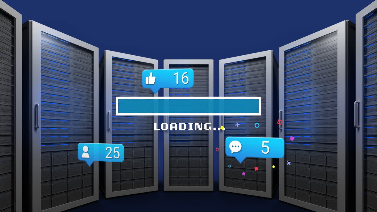 animación de iconos y números de redes sociales en el fondo de los servidores informáticos