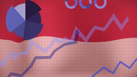 animation of statistical data processing against waving indonesia flag background