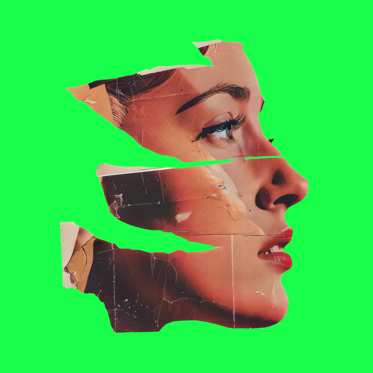 Abstract fragmented portrait art animation, transparent 4K video, green screen