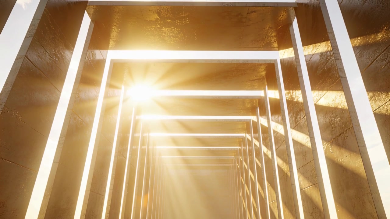 Luce puntiforme in movimento che proietta raggi su cornici illuminate all'interno di un tunnel dorato, creando foschia e un bagliore a specchio.
