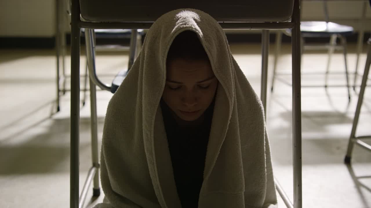 Shifting blanket causing teen girl lifting head, sitting under folding chair at school showing face