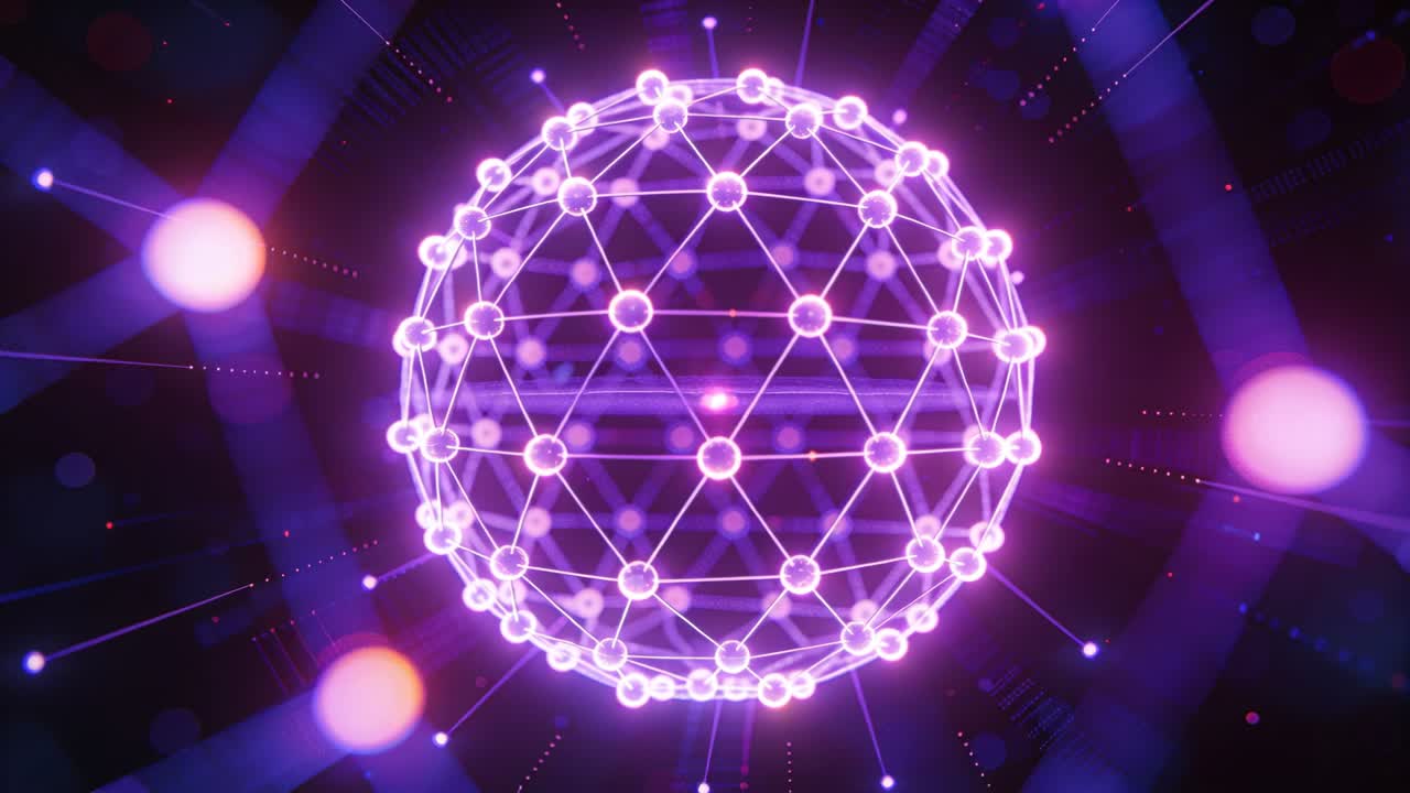 Sfera geodetica che appare in una nebulosa, inclinando e formando un anello equatoriale, con nodi che pulsano, visualizzando la tecnologia.