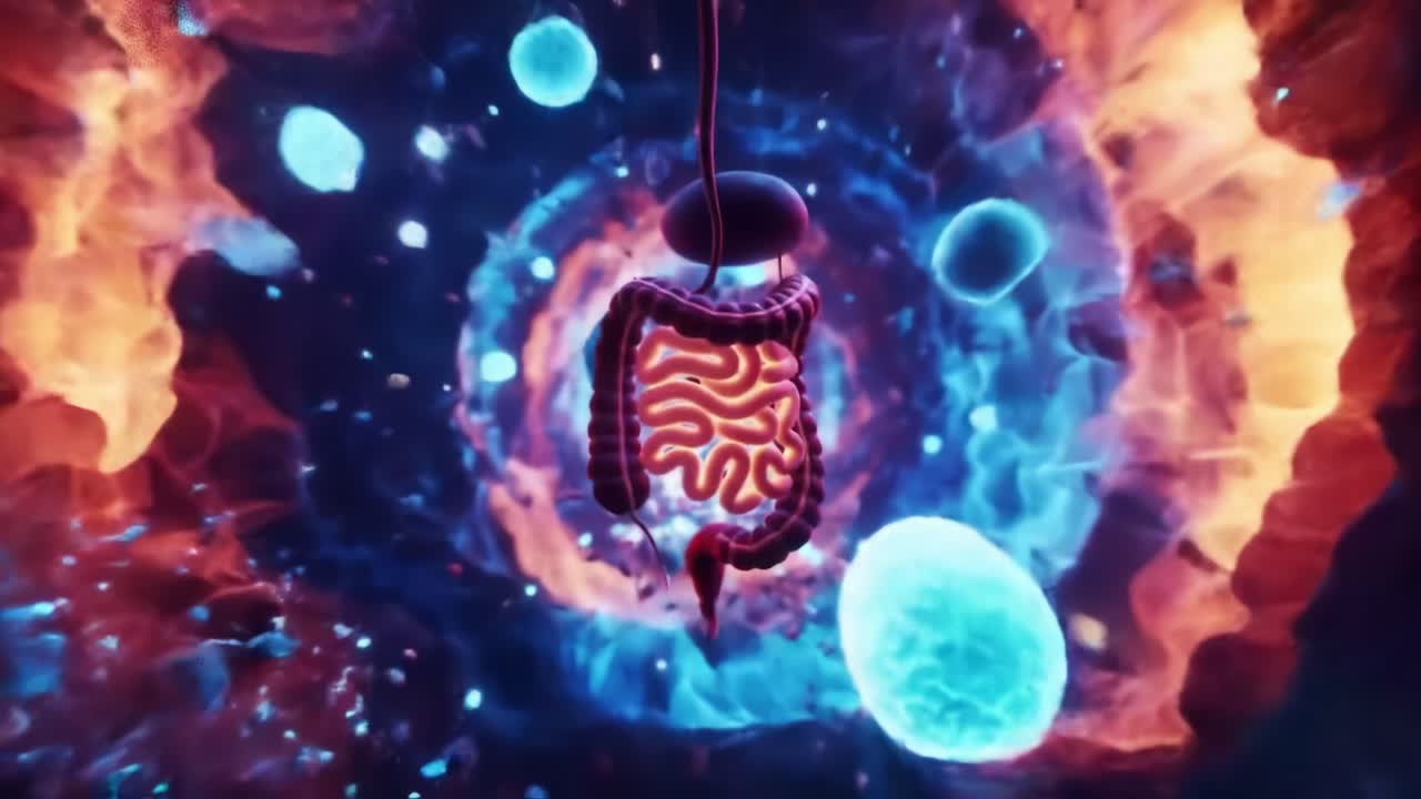 A Stunning Visualization of the Human Digestive System Amidst a Multicolored Cosmic Background, Capturing the Intricate Connection Between Biology and Universe