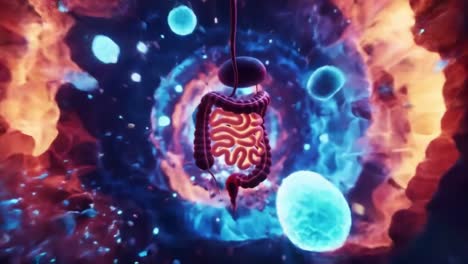 a stunning visualization of the human digestive system amidst a multicolored cosmic background, capturing the intricate connection between biology and universe