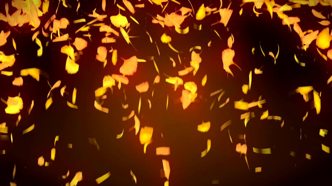 노란색 배경에 떨어지는 가을 잎, 진코 잎, 루프 글리터 애니메이션