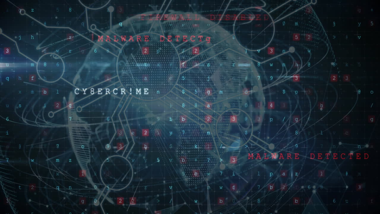 animación de texto, procesamiento de datos digitales y globo sobre fondo oscuro