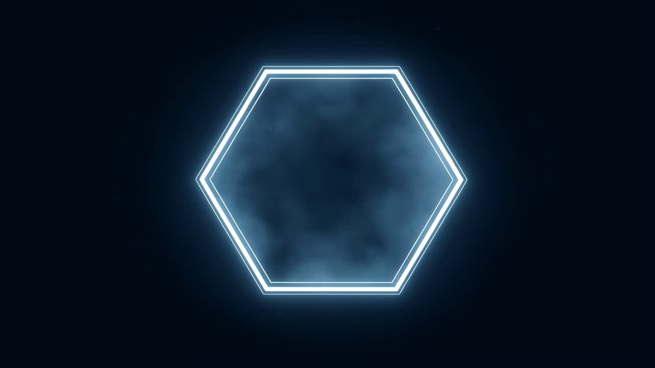 Glowing Neon Hexagon Frame with Moving Smoke and Particles