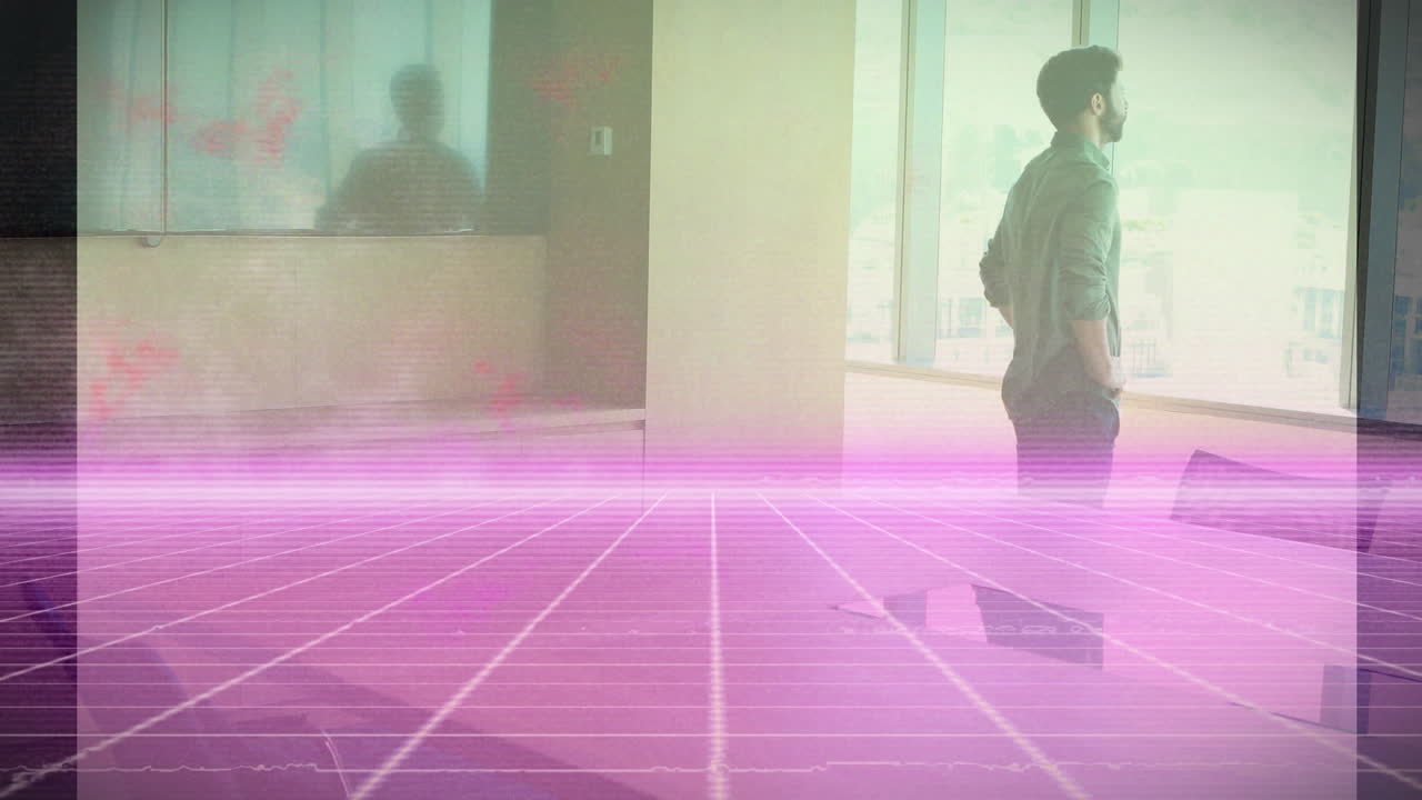 Animation of illuminated grid pattern over thoughtful caucasian man looking through window at office