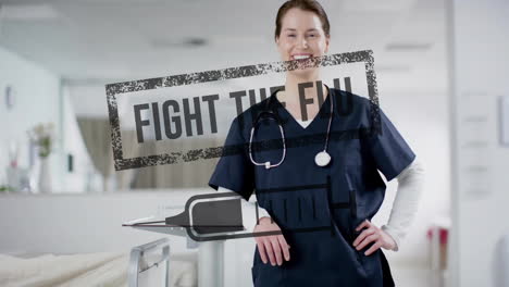 animation of fight the flu and syringe over caucasian female doctor in hospital