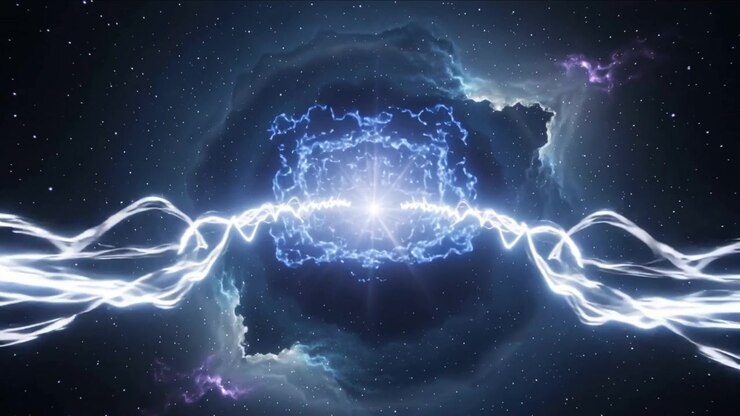 Correntes de energia irregulares colidindo formando um estouro de luz em cubo, fita trançada e abertura escura nas estrelas