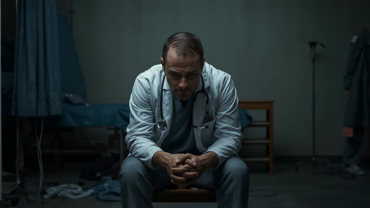 Leaning doctor wearing coat and scrubs, rocking on stool in dim clinic back room with stethoscope