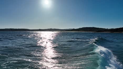 Group-of-surfers-float-off-Australian-coastline,-wide-aerial-of-ocean-waves-with-beautiful-sunset