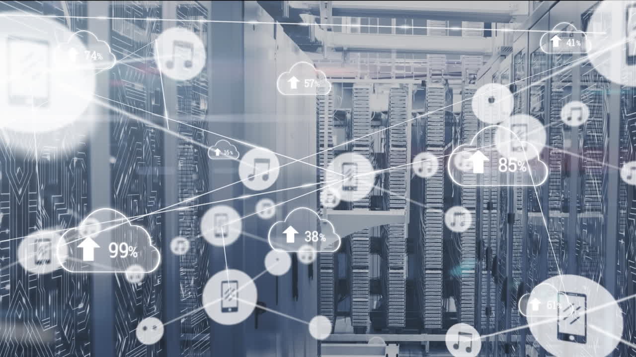 Animation of network of connections with icons over computer servers