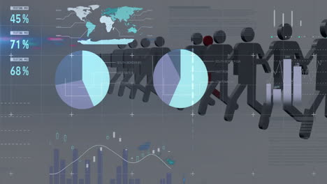 pie charts and graphs animation over silhouettes of people and world map