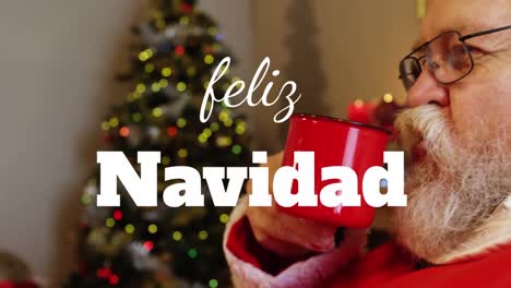 santa claus está relajándose y bebiendo café en casa durante la época de navidad.