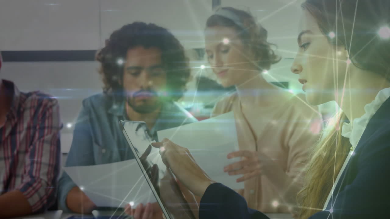 Reviewing documents, collaborative team with network connections animation in office