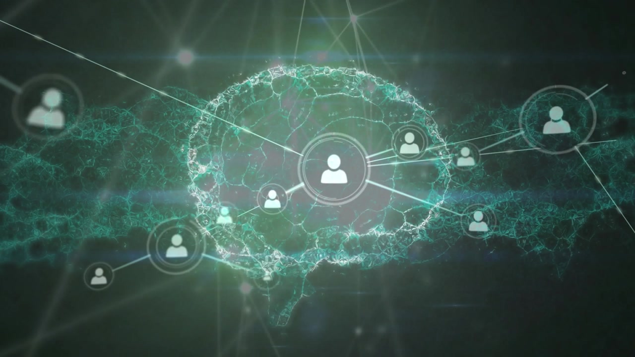 Animation of glowing network of connections and profile icons against spinning human brain