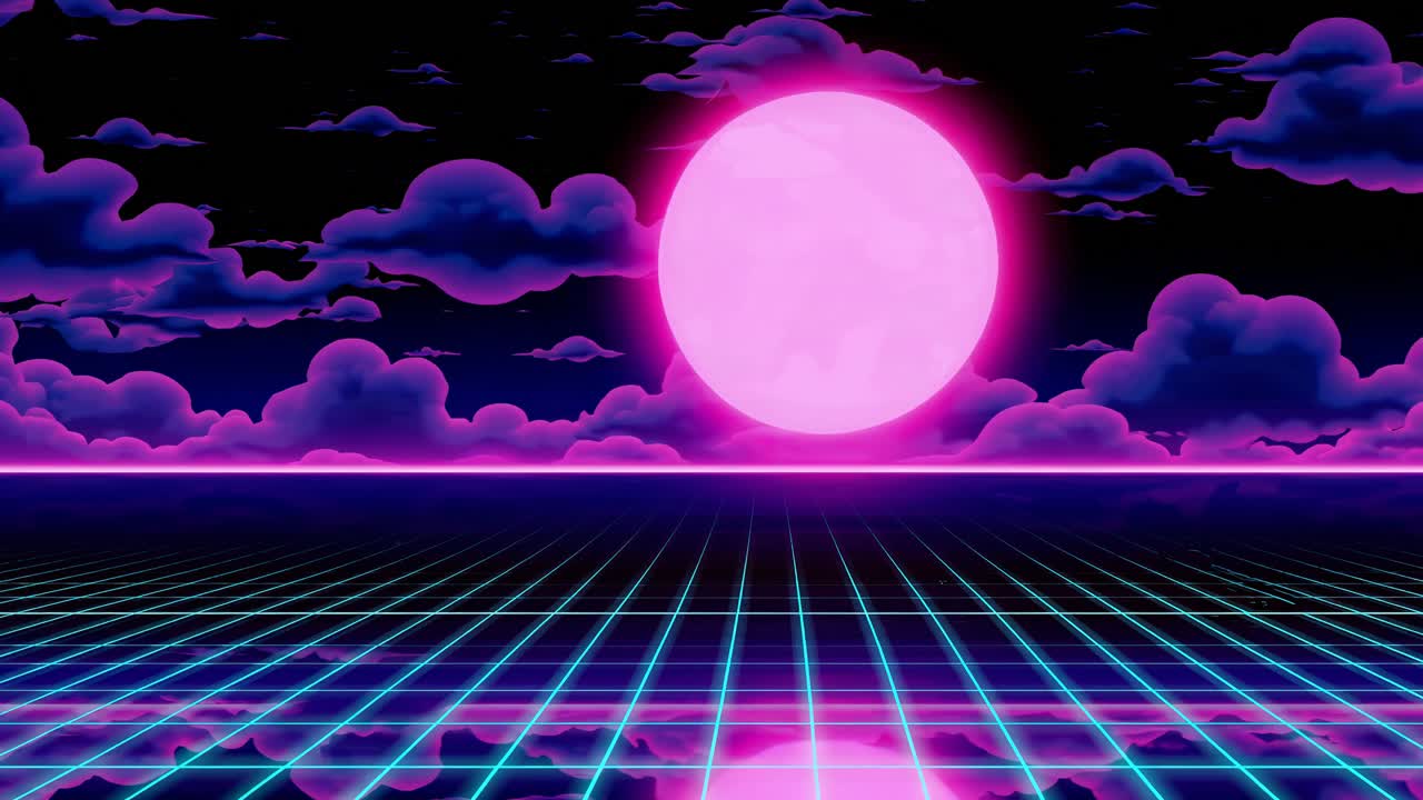 Retro Futuristic Night Sky with Pink Moon