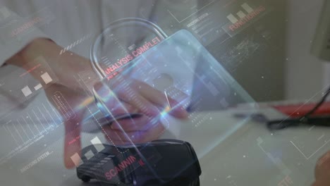 animation of network security padlock over people using payment terminal