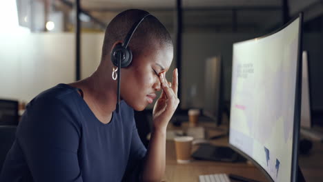 call center, stress and black woman with headache