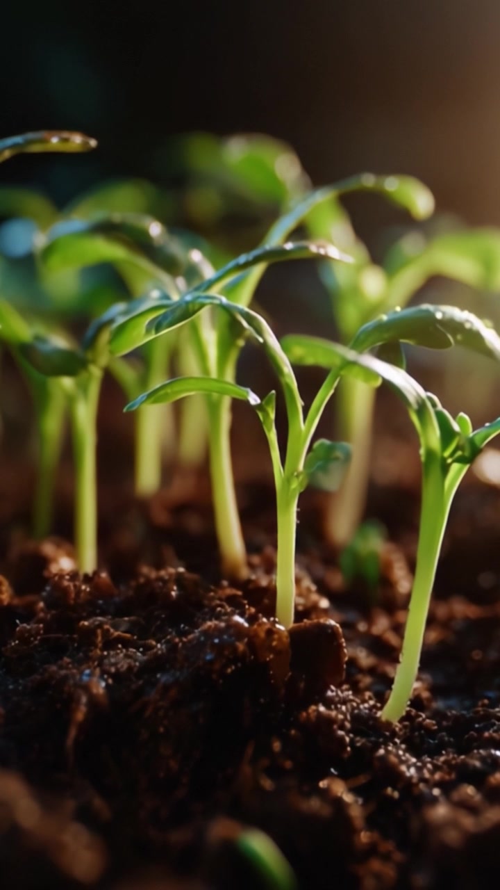 Piantine emergenti: un viaggio ravvicinato di nuova crescita da terreno scuro, che mostra germogli verdi vibranti che cercano la luce in un ambiente nutriente.