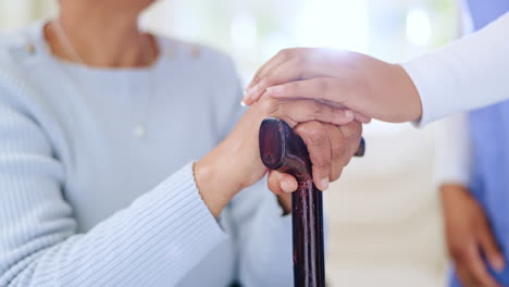 nurse, holding hands and support woman with cane