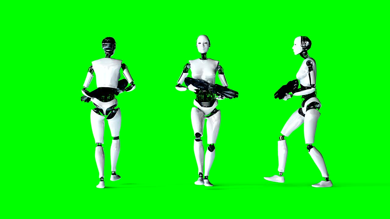 미래의 인간형 여성 로은 총을 들고 고 있습니다. 현실적인 움직임과 반사. 4k 녹색 화면 영상.