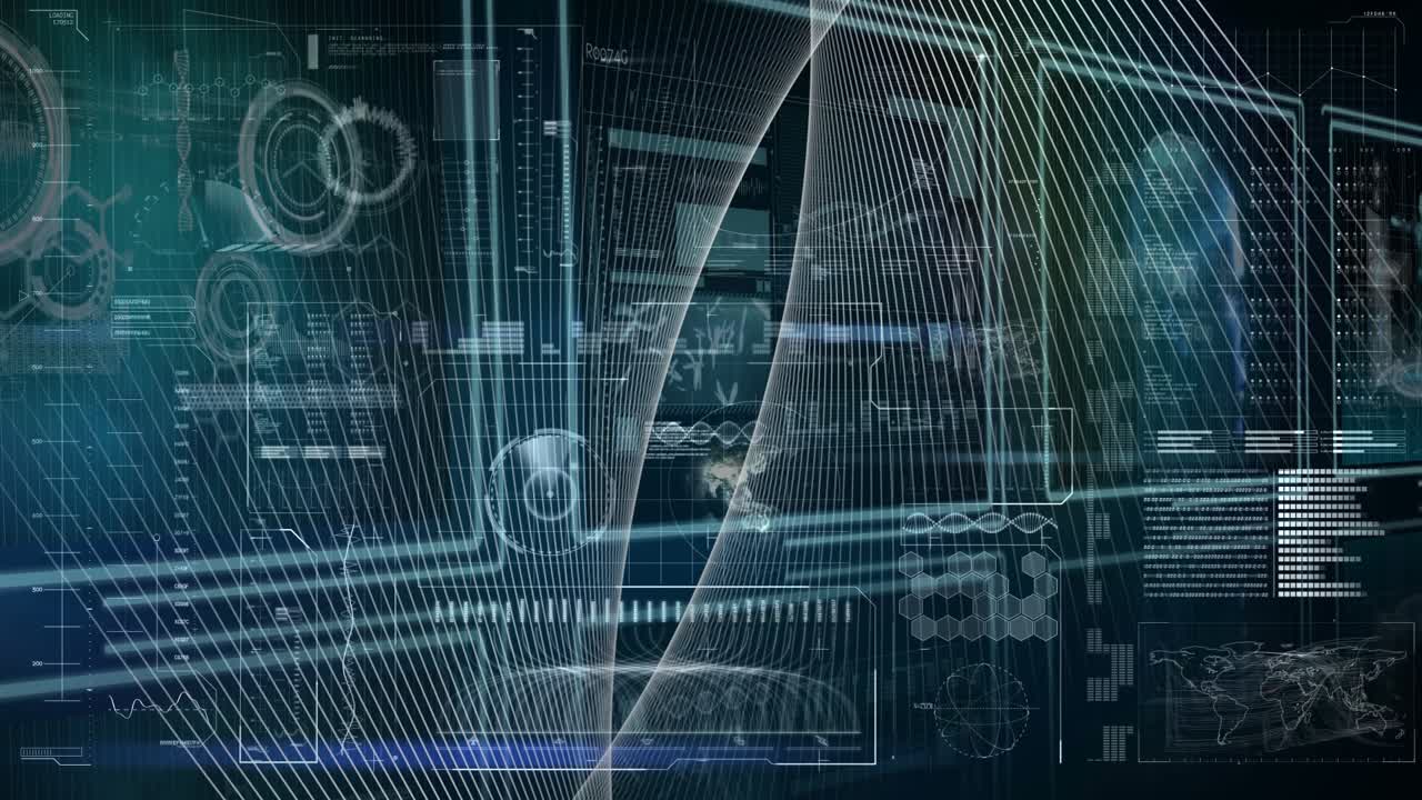 Animation of data processing over screens on dark background