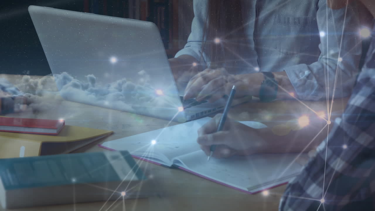 Animation of connections over two students writing and using laptop computer  learning from home