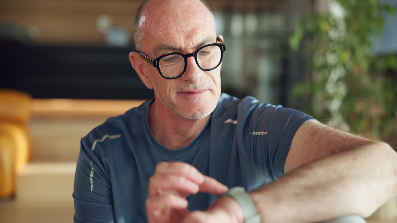 Mature Man Checking Smartwatch for Fitness Data Indoors