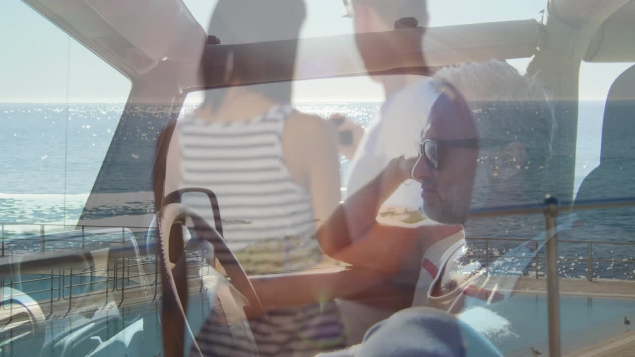 Animation of people on boat with ocean view on sunny day
