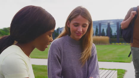 female university or college students sitting outdoors on campus talking and working on laptop