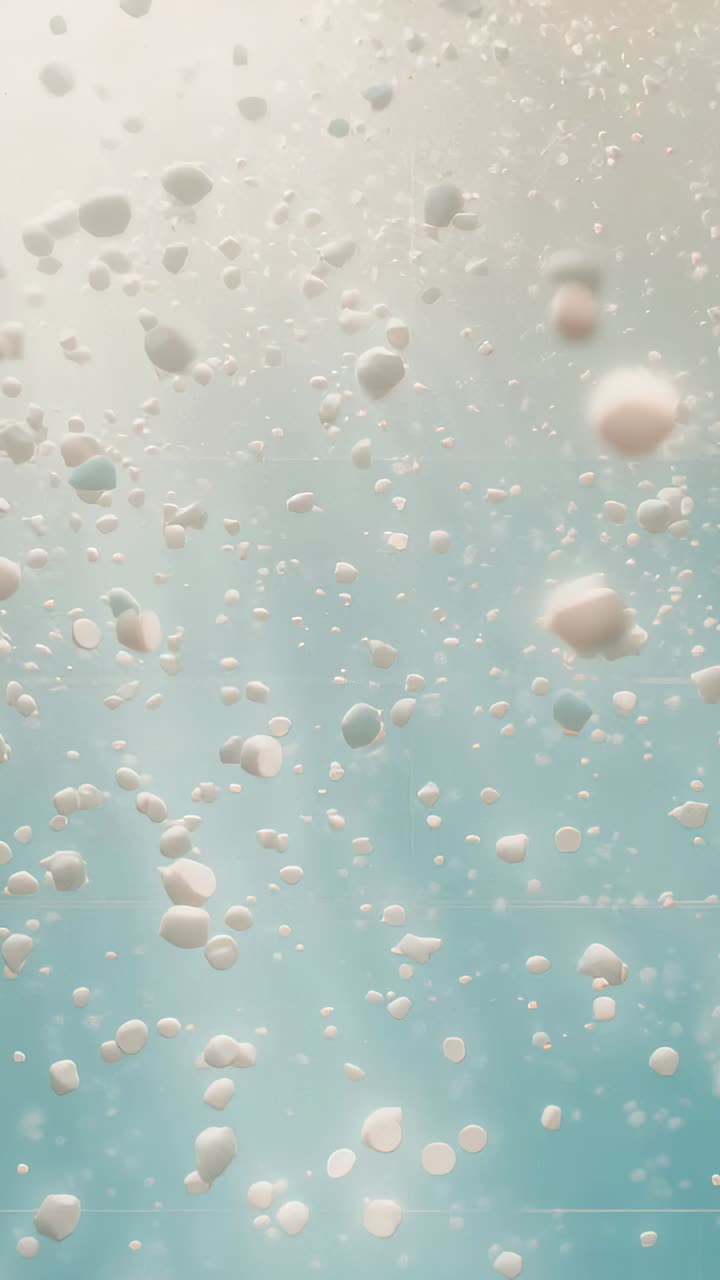 Vertical video: Drifting pellets rising through blue gel during timelapse, plus large pellets