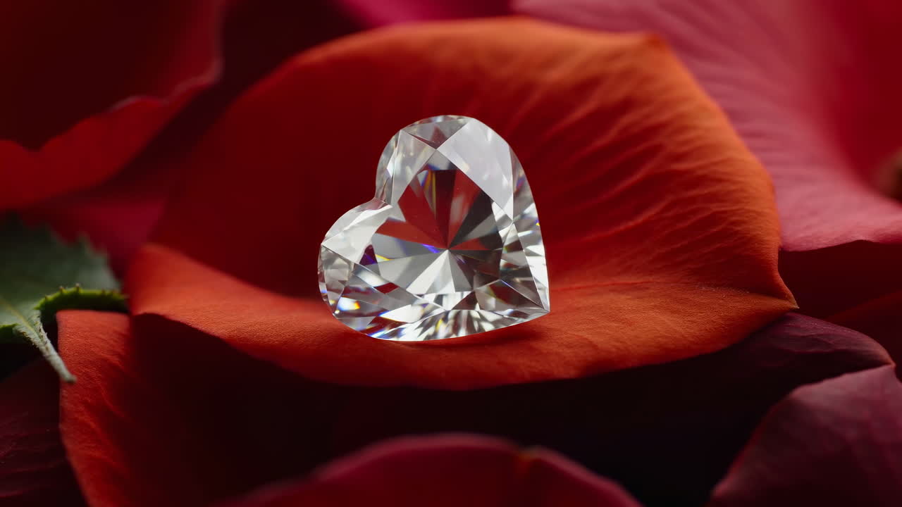 Heartshaped Diamond On Red Petals, Intimate Closeup Showcasing Sparkling Gem Nestled In Velvet Rose Layers,