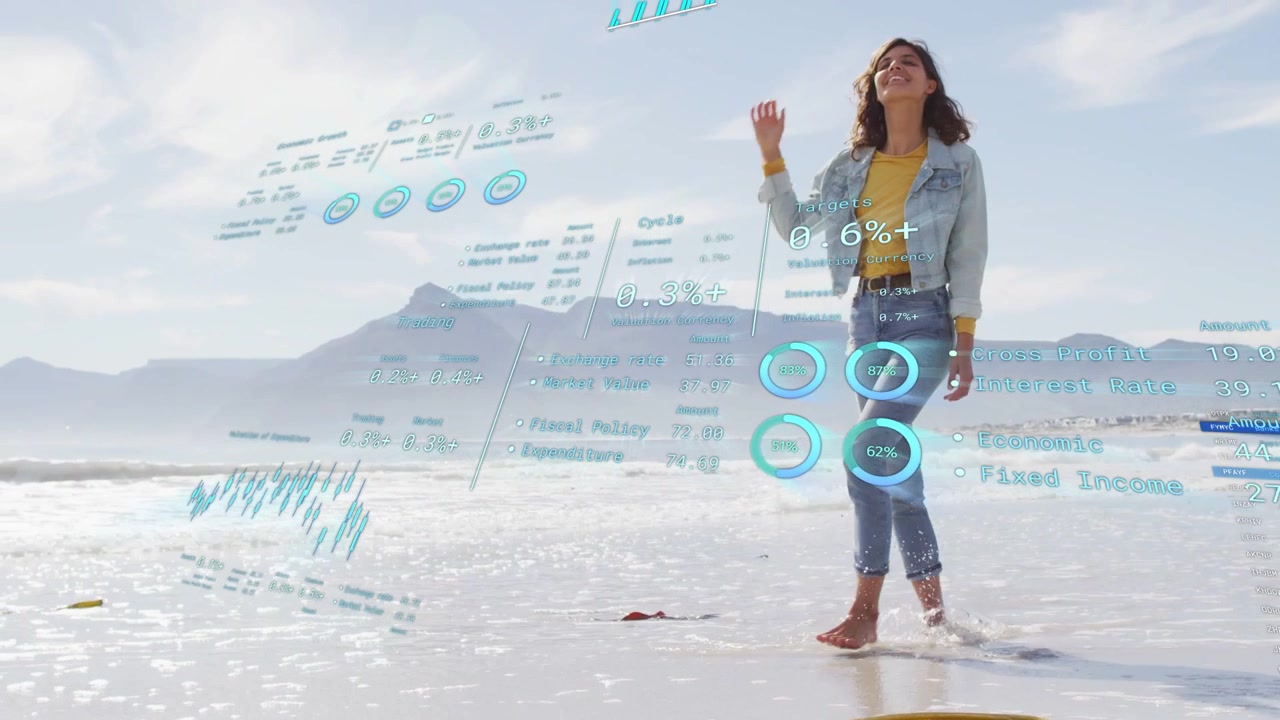 Woman shielding brow while walking shoreline, causing holo charts to slide while scanning tech data