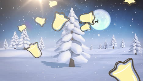 snow and multiple chritsmas bell icons falling over winter landscape and moon in the night sky