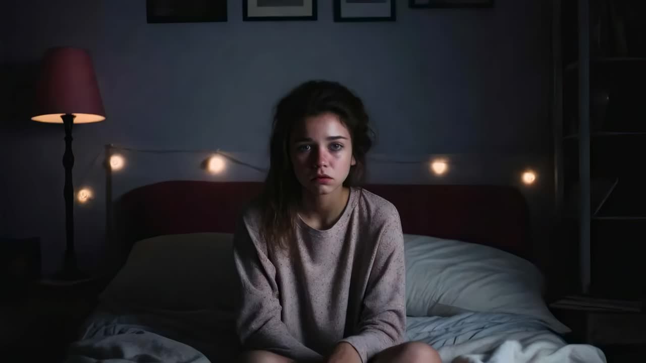 A young woman sits on a bed in a dimly lit room, captured from a front-facing angle