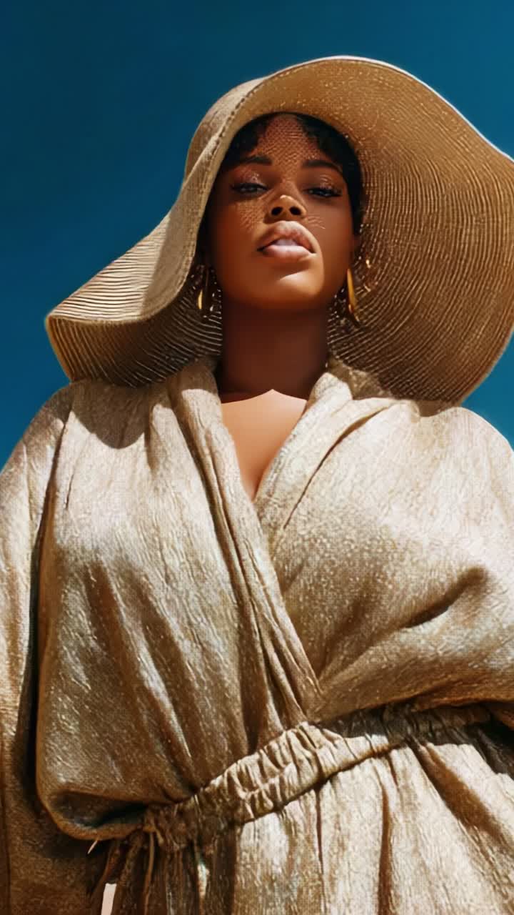 A stunning woman exuding confidence and style in a golden outfit and large sunhat against a vibrant blue sky, capturing a moment of elegance and beauty