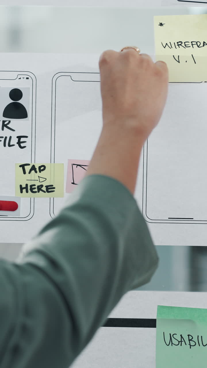 Hånd placerer post-its på wireframe-designs til mobilapps