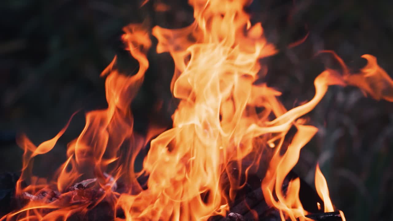 Bright campfire outdoors. Natural background with warm cozy burning fire in bonfire. Burning firewoods with orange flame in slow motion. Close-up.