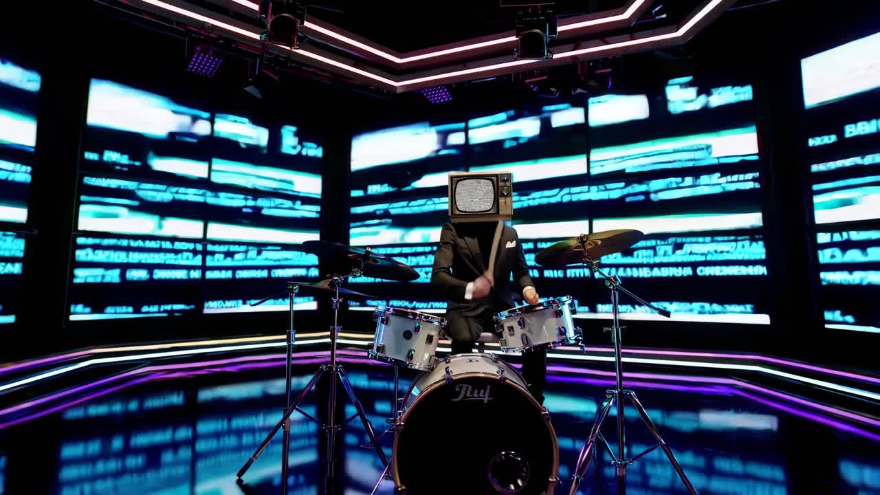 네온 불빛으로 조명된 무대에서 드럼을 연주하는 tv 머리를 가진 남자