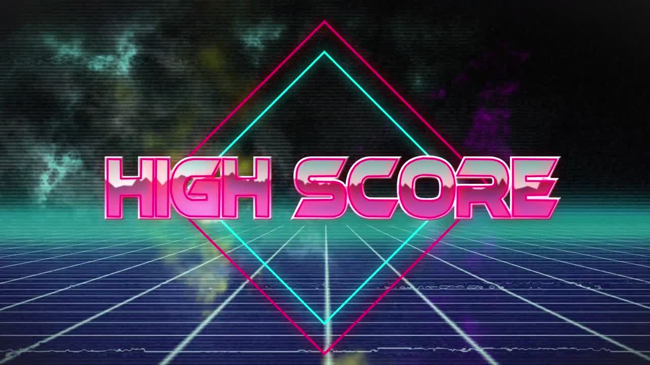 Animation af teksten 'high score' i digitalt abstrakt rum