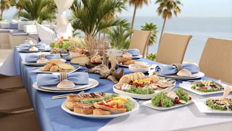elegant outdoor dining table with food and ocean view