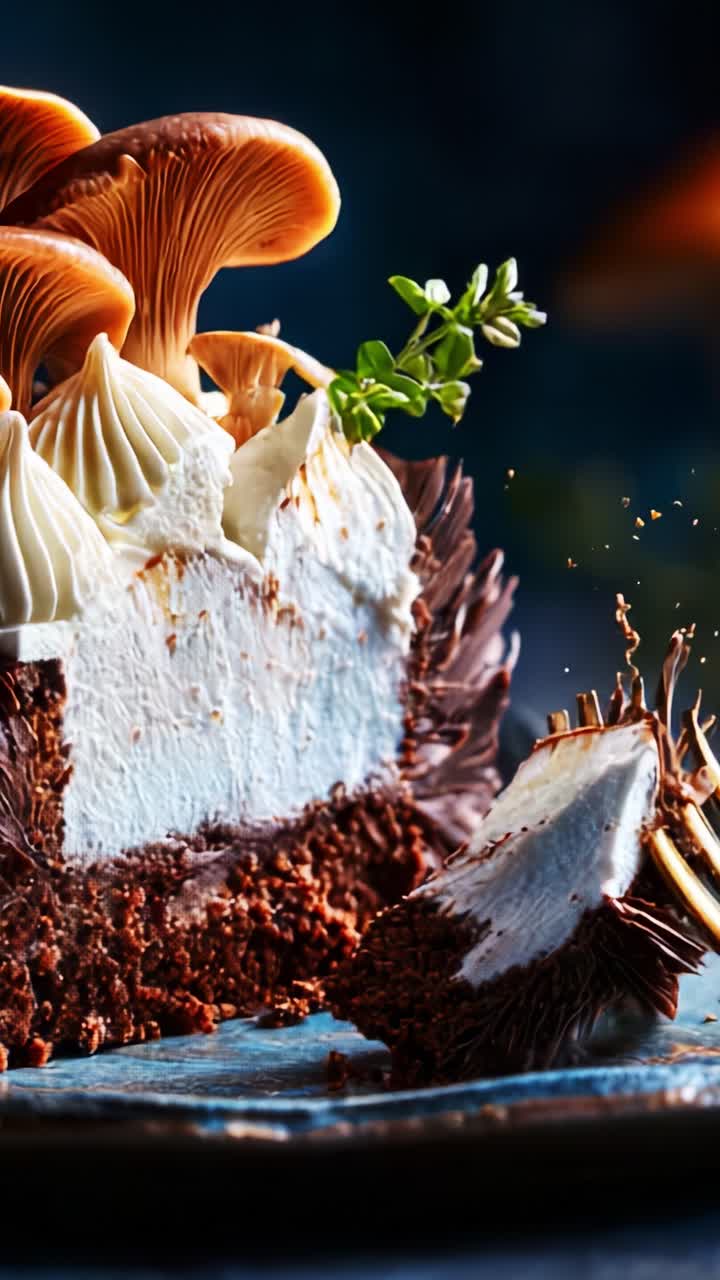 Torta al cioccolato decadente con glassa cremosa e guarnizioni di funghi gourmet, che esalta le ricche consistenze e i sapori di una squisita esperienza di dessert