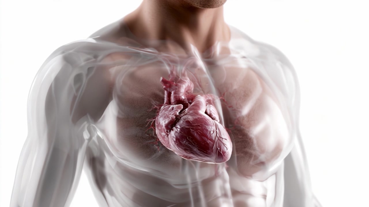 Una Visualizzazione Anatomicamente Dettagliata di un Cuore Umano All'Interno di un Torso Trasparente, Evidenziando l'Intricata Fisiologia e Struttura del Sistema Cardiovascolare