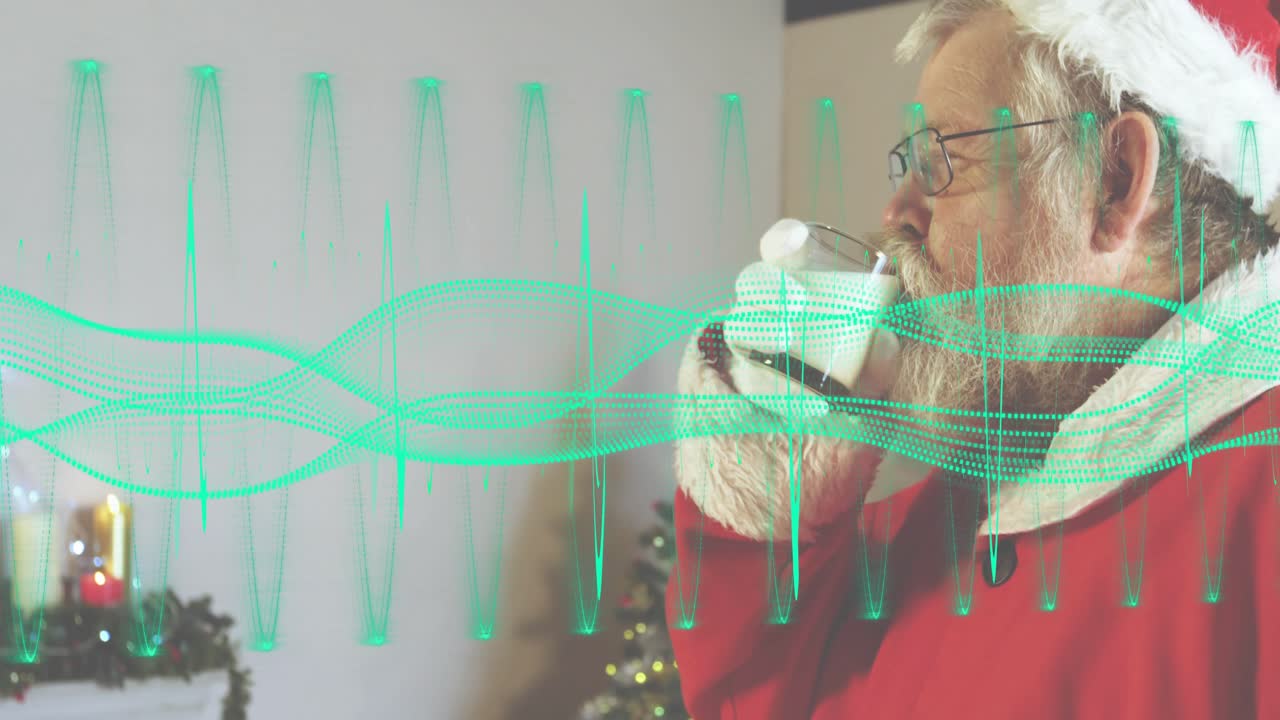 Santa-clad man holding cookie plate, milk glass sipping, savoring treat by wreathed mantel and tree