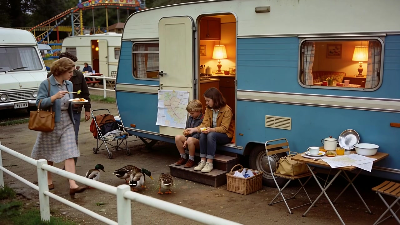 To børn fodrer ænder ved en blå campingvogn, mens forældrene ankommer med en tallerken.