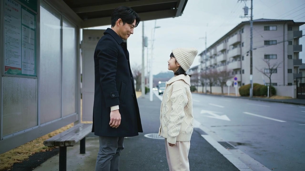 待ち合わせの後、バス停でダークコートを着た父親がひざまずき、子供のニット帽を整えて暖かくしてあげている。